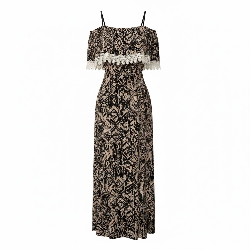 R2D Apparel Boho Tribal Print Cold‎ Shoulder Maxi Dress Tan Black Medium MD1020B